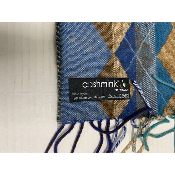 V. Fraas Cashmink 100% Acrylic Scarf Blue Brown Tan Argyle Design - Picture 2 of 3